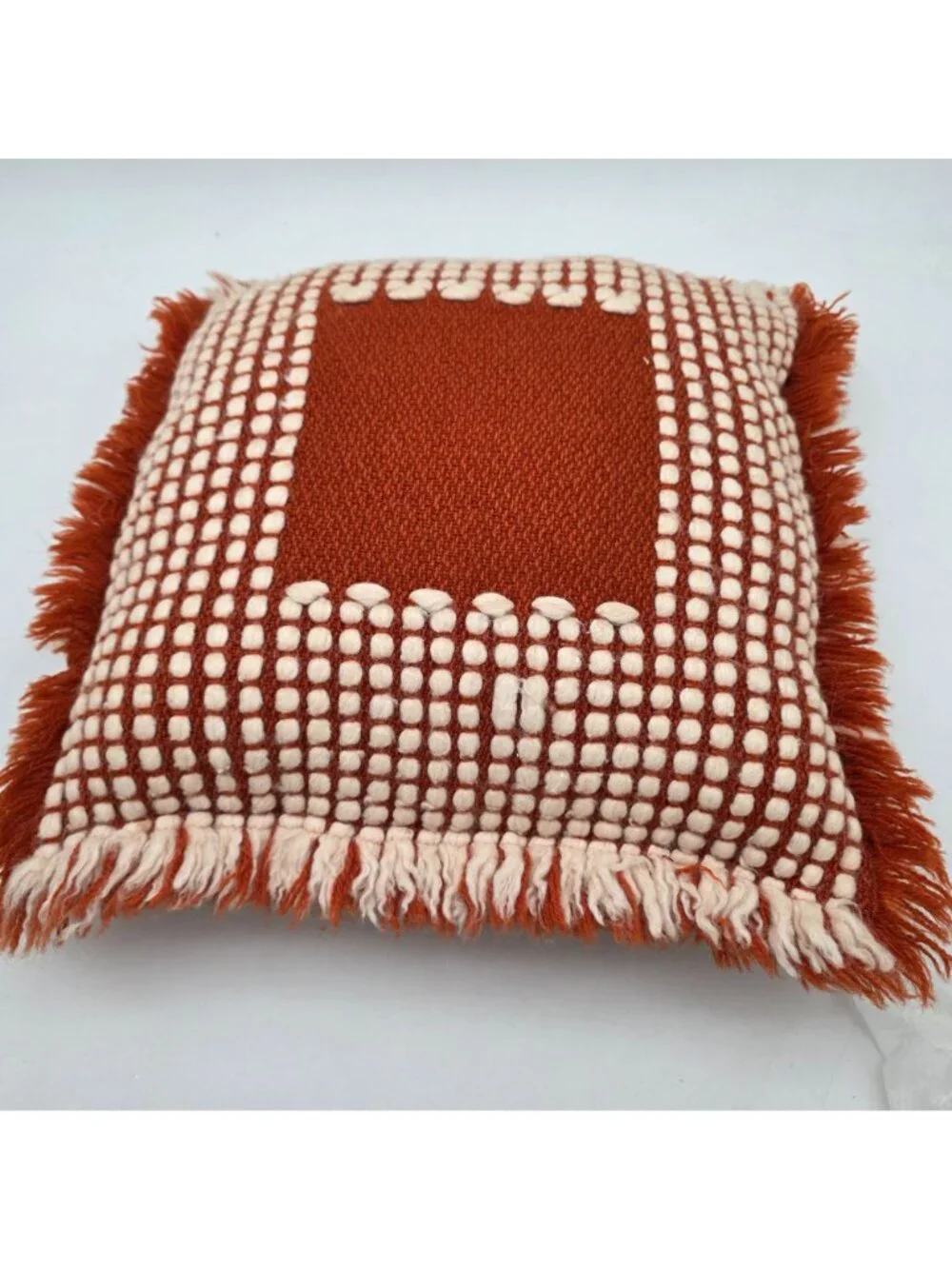 MCM Woven Decorative Throw Pillow Fringe Edges Burnt Orange & Cream Boho 1960s